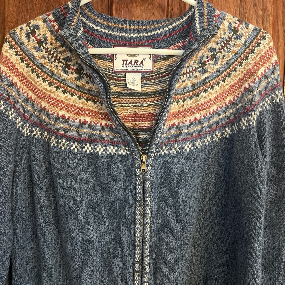 Vintage Tiara International Zip Cardigan Sweater Blue Nordic Fair Isle Large